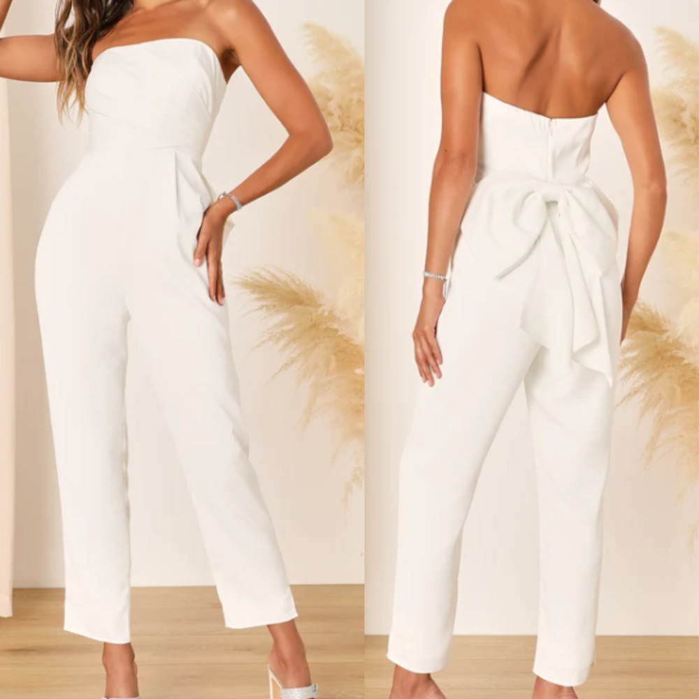 LULU'S Sz S Beloved Bliss Ivory Strapless Slim Leg Bow Party Jumpsuit NEW B51